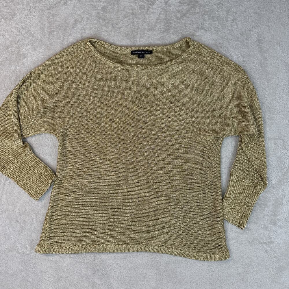 Boston Proper Metallic Boatneck Cozy Sweater Tunic Shiny Large Gold Pullover EUC